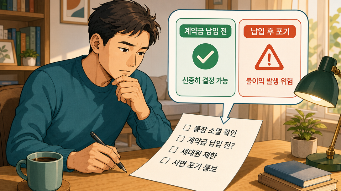 청약 당첨 포기 전 확인해야 할 체크리스트를 검토하는 장면 일러스트