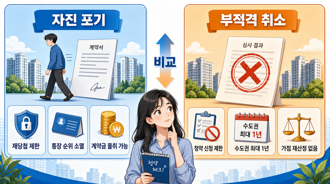 청약 당첨 포기 유형별 제재 비교 — 자진 포기와 부적격 취소 차이 인포그래픽