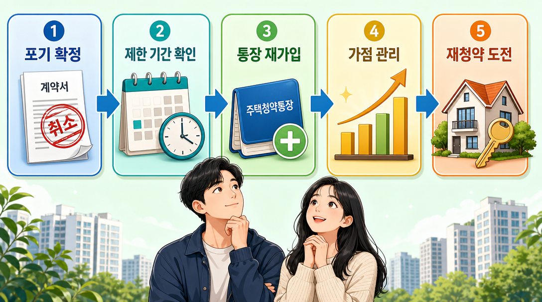 청약 당첨 포기 이후 재청약 준비 단계별 흐름 인포그래픽