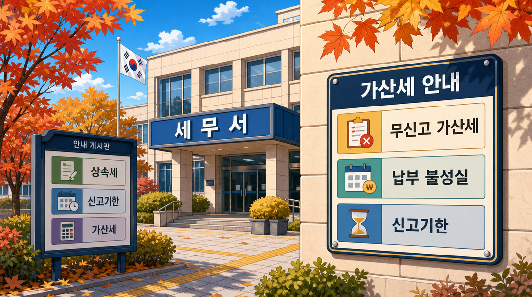 상속세 신고 관할 세무서 외관 일러스트 — 무신고 가산세와 납부지연가산세 안내판