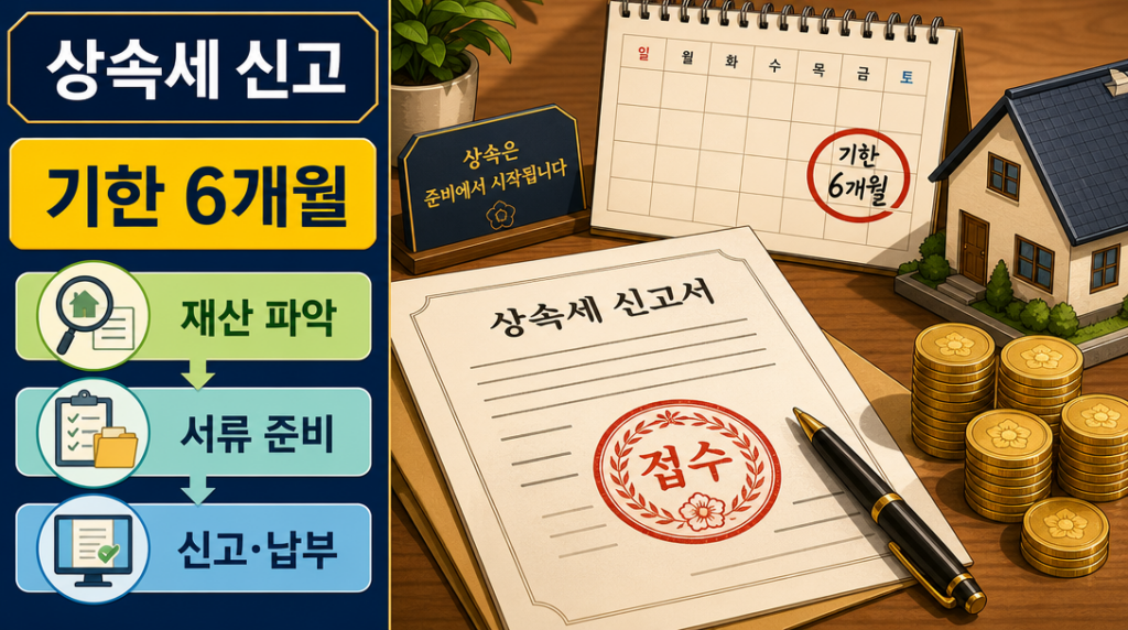 상속세 신고 기한 6개월과 가산세 계산 기준 인포그래픽 — 서류·도장·달력 오브젝트 일러스트