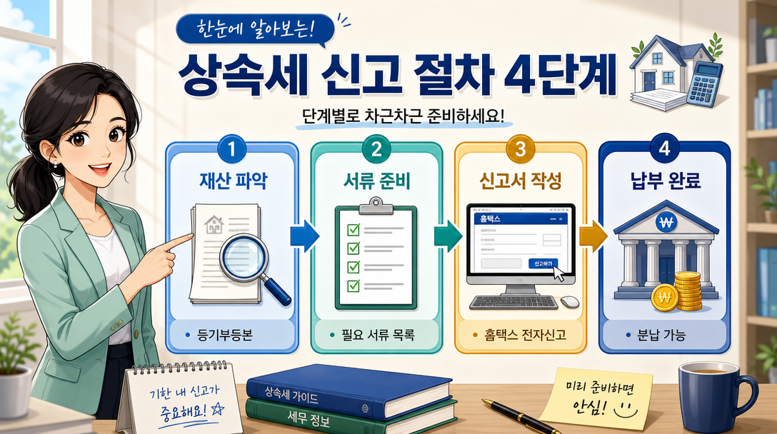 상속세 신고 절차 단계별 흐름과 준비 서류 인포그래픽