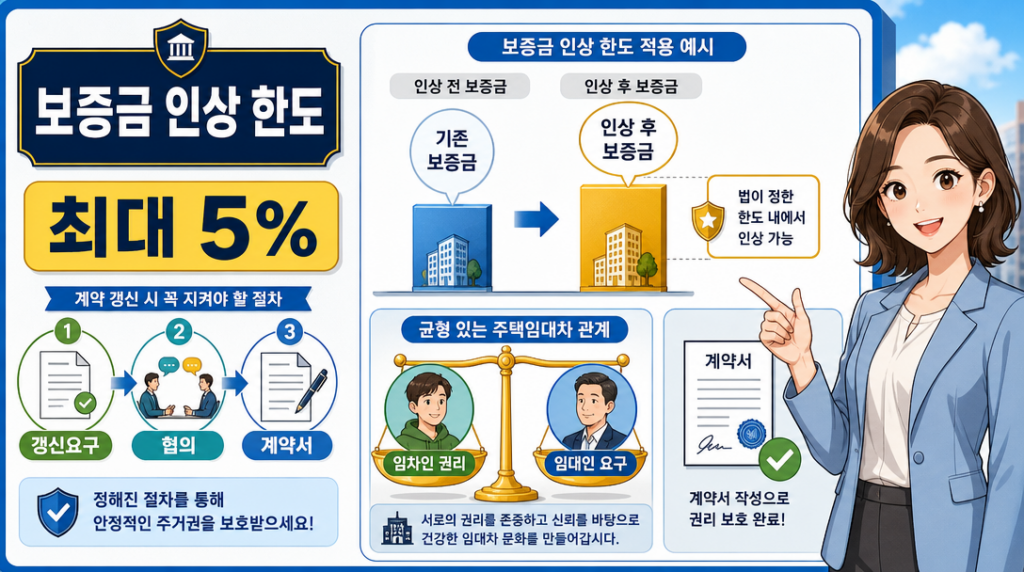 전세 계약 갱신 시 보증금 인상 한도 5% 규정 안내 인포그래픽