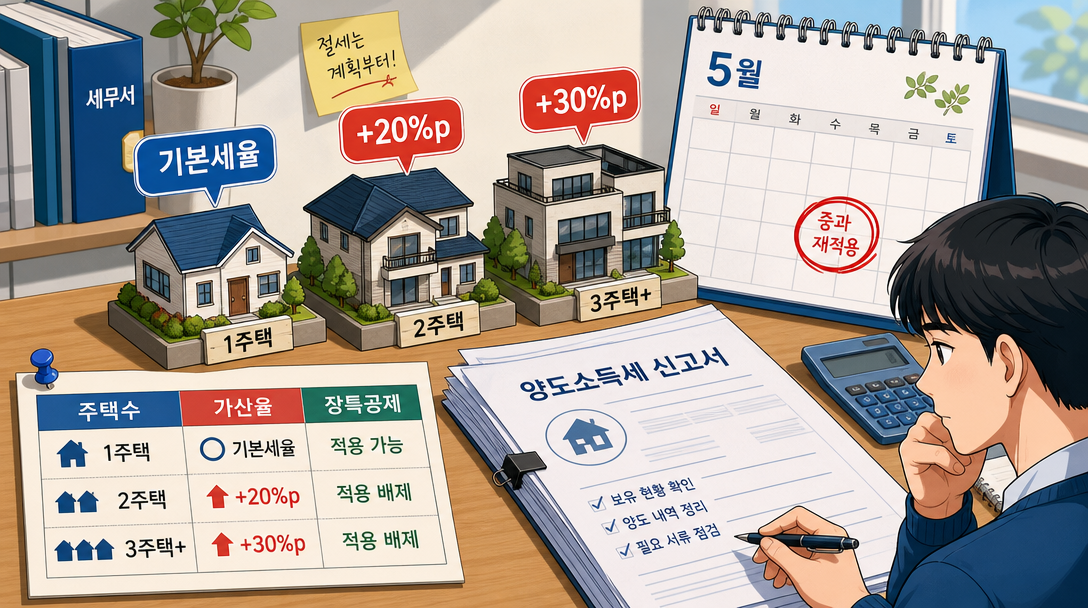 양도세 중과 주택 수별 가산율과 장기보유특별공제 배제 오브젝트 일러스트