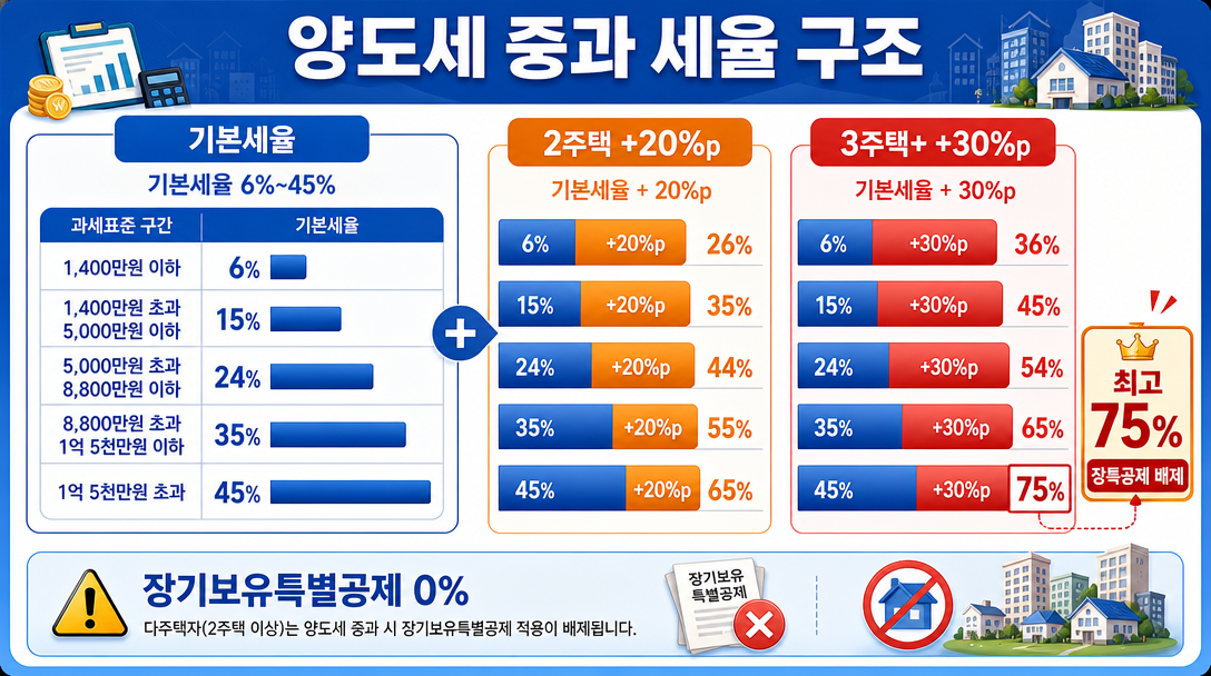 양도세 중과 세율 구간별 기본세율과 가산율 비교 인포그래픽