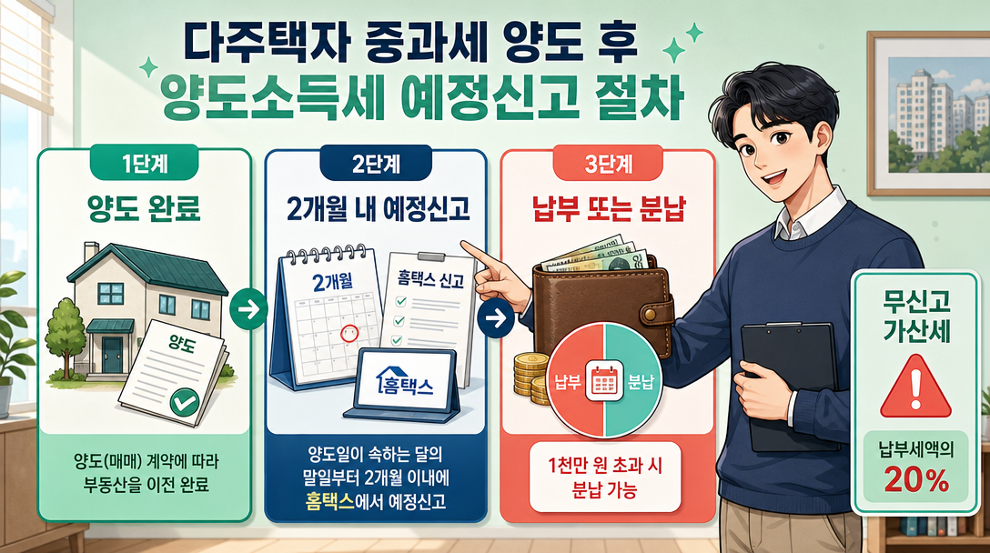 양도소득세 예정신고 절차와 분납 기준 안내 인포그래픽
