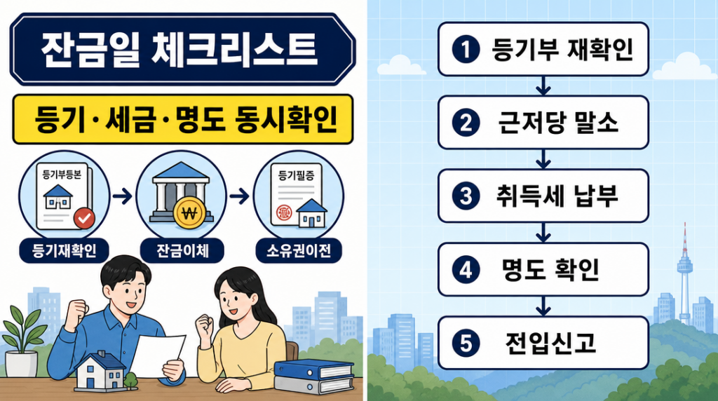 잔금일 체크리스트 핵심 단계를 5단계 흐름도로 정리한 인포그래픽