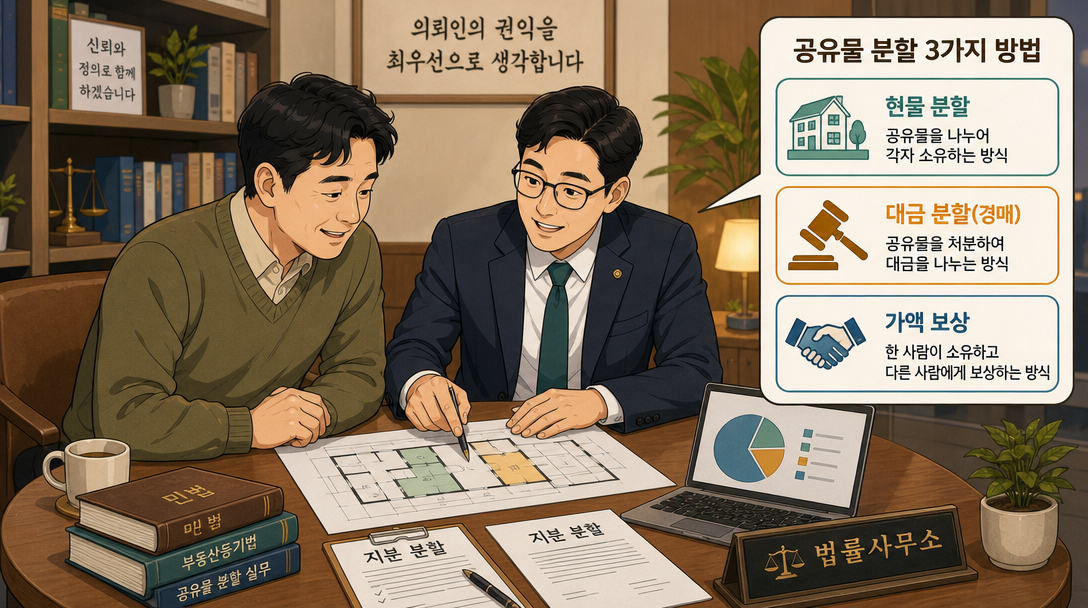 공유 지분 매도 후 공유물 분할 방법 안내 일러스트