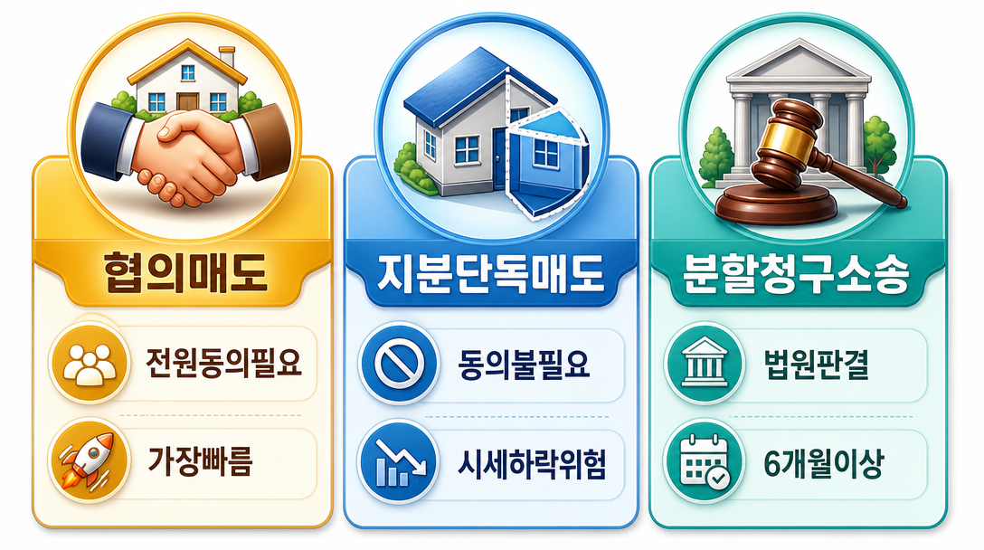 공유 지분 매도 방법별 비교 — 협의 매도·지분 단독 매도·공유물분할청구 소송 비교 인포그래픽