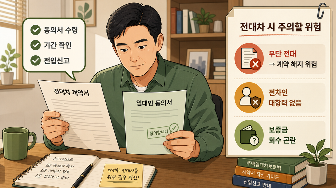 전대차 계약 체결 절차와 무단 전대 위험 안내 일러스트
