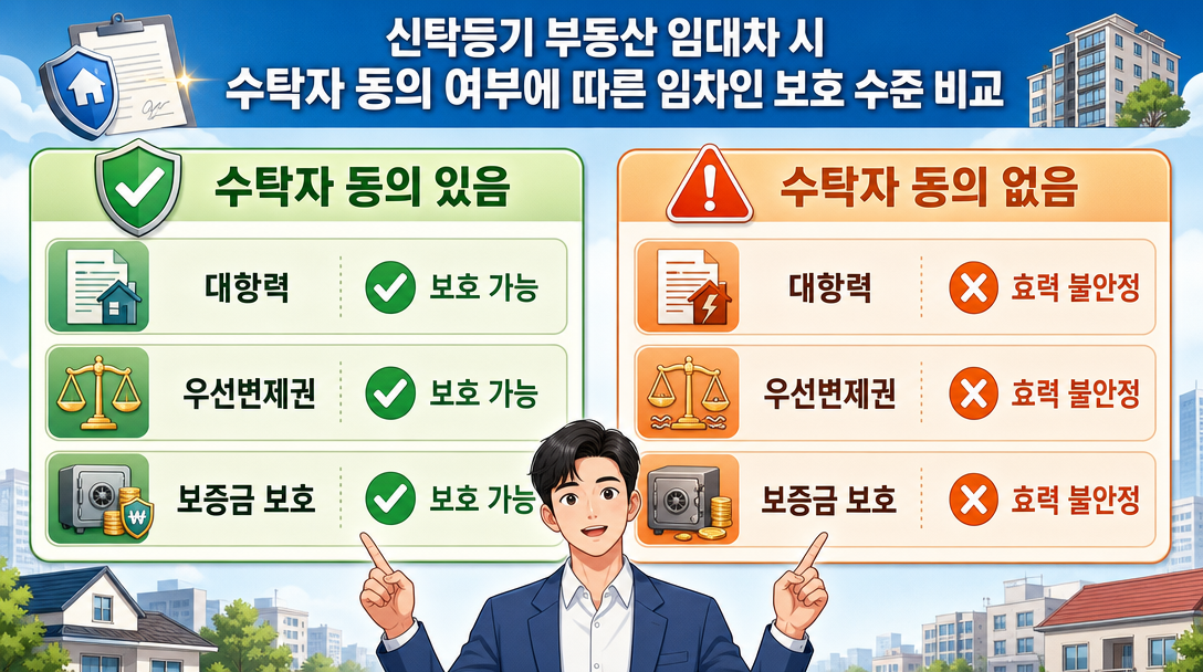 신탁 등기 부동산 임대차 계약 수탁자 동의 여부에 따른 임차인 보호 비교 인포그래픽