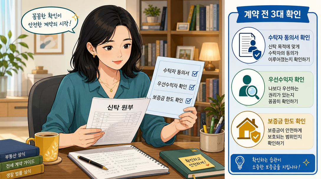 신탁 등기 전세 계약 전 체크리스트를 확인하는 임차인 일러스트