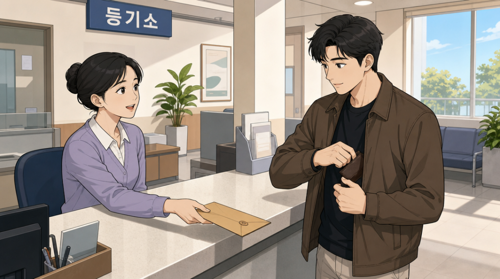 등기부등본 보는 법 — 서류 건네받기 장면 그림