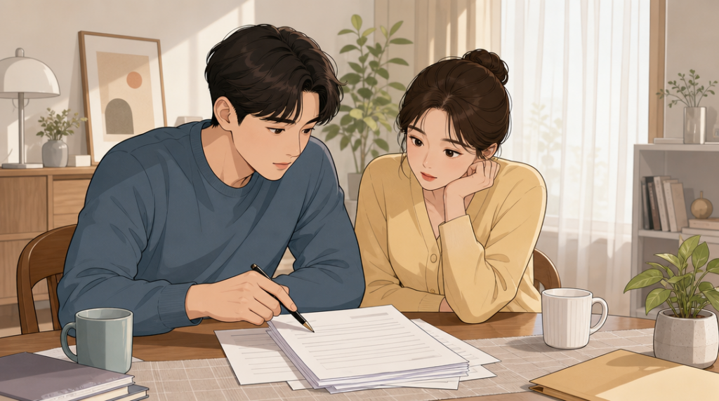 등기부등본 보는 법 — 서류 확인 장면 그림