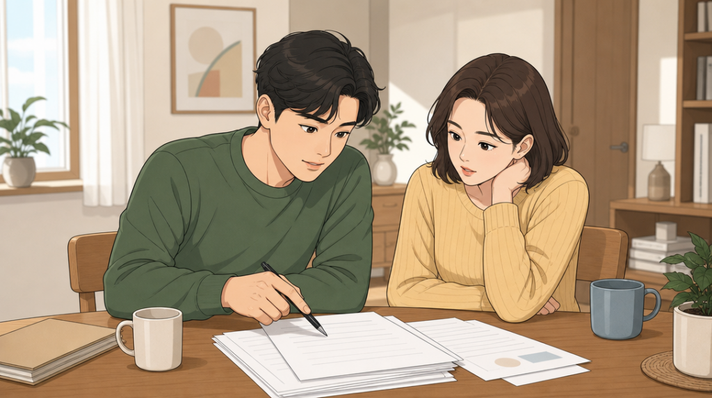 양도소득세 계산 — 서류 확인 장면 그림