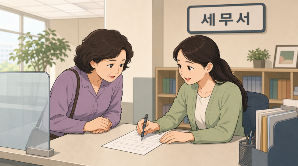 양도소득세 계산 — 창구 상담 장면 그림