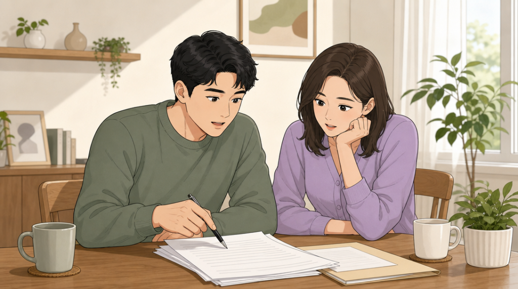 중도상환수수료 계산 — 서류 확인 장면 그림