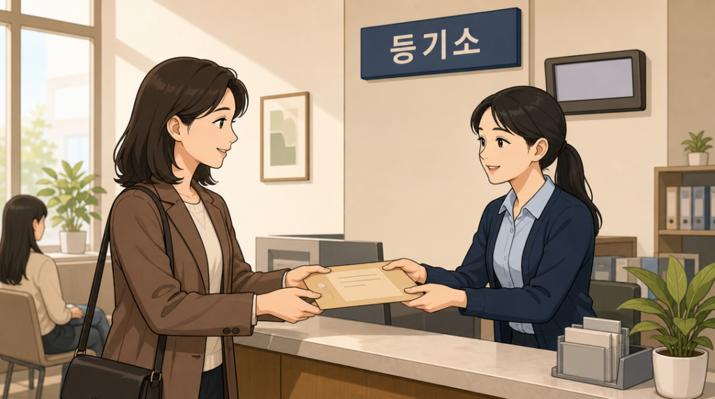 등기부등본 발급 — 서류 건네받기 장면 그림