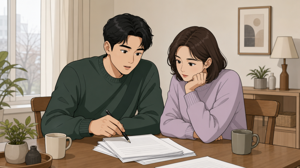 중개수수료 계산 — 서류 확인 장면 그림
