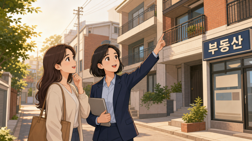 중개수수료 계산 — 집 보러 가기 장면 그림
