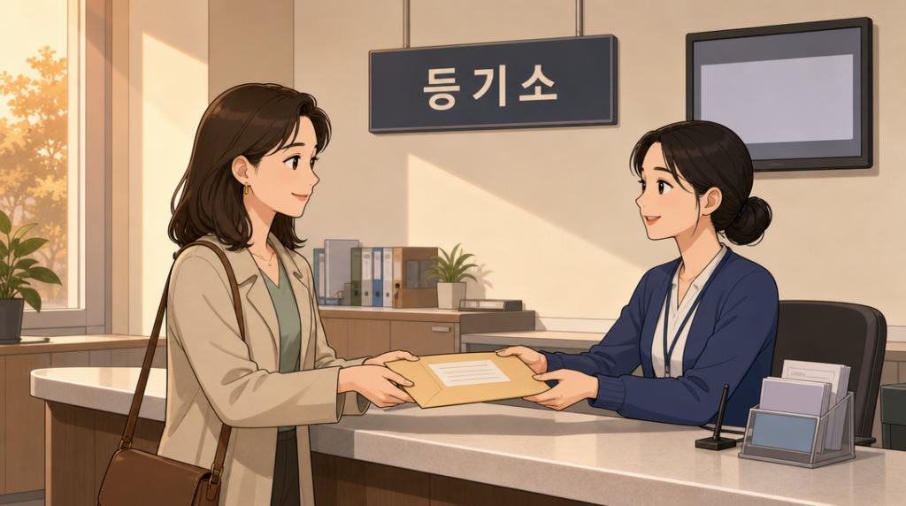 셀프 등기 — 서류 건네받기 장면 그림