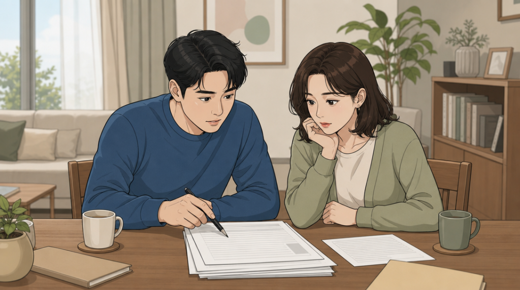 계약갱신청구권 행사 — 서류 확인 장면 그림
