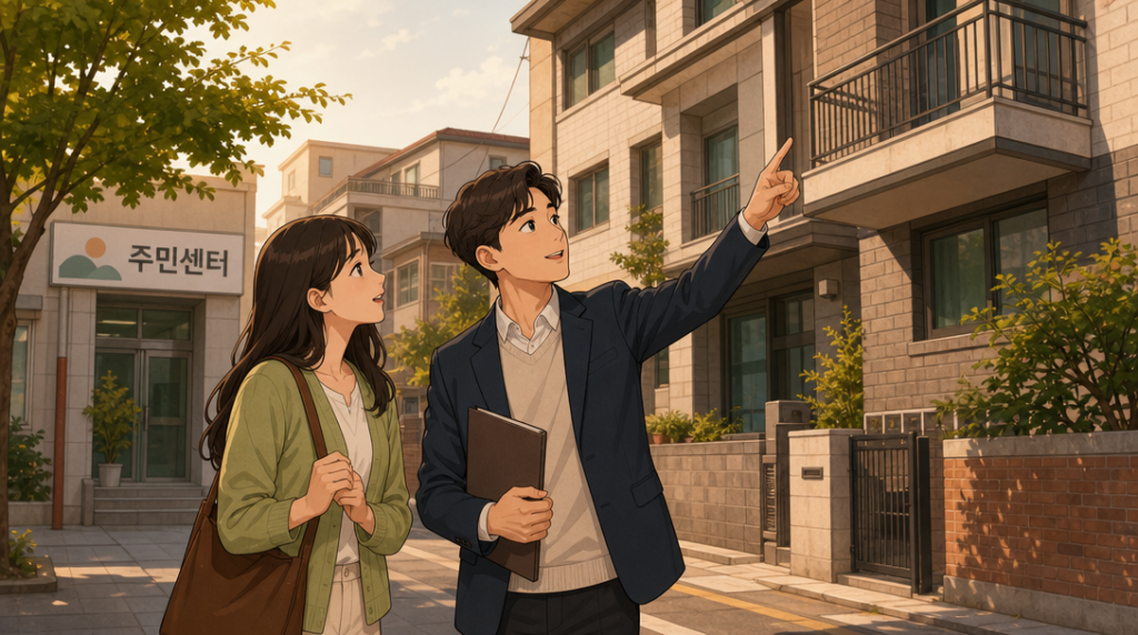 계약갱신청구권 행사 — 집 보러 가기 장면 그림