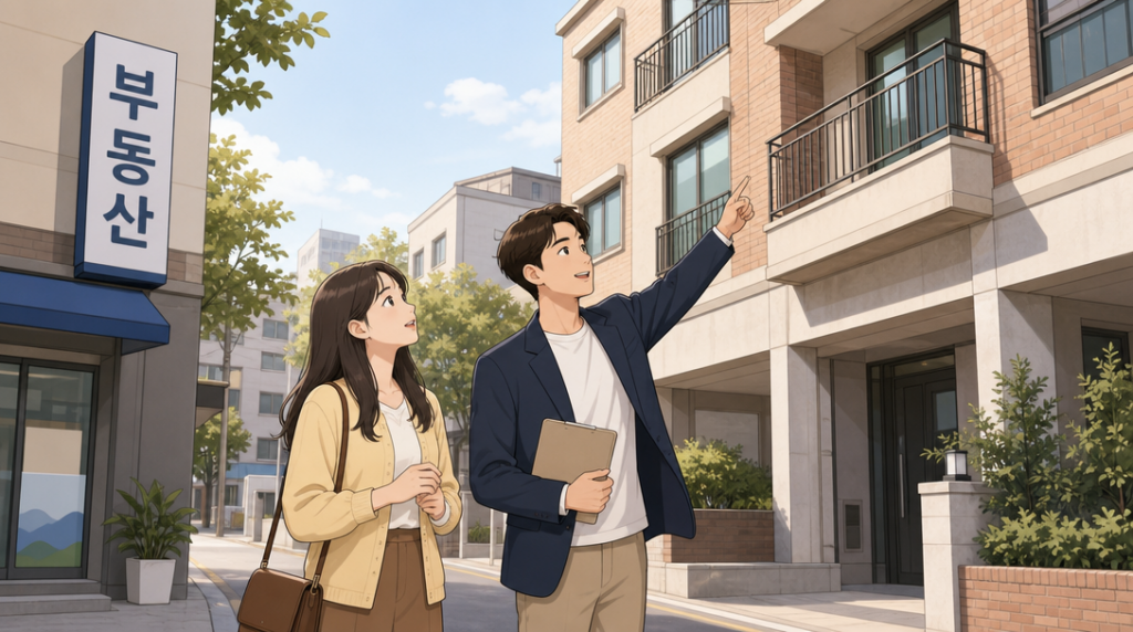 청약 가점 배점 84점 중 35점이 부양가족 수입니다 — 집 보러 가기 장면 그림