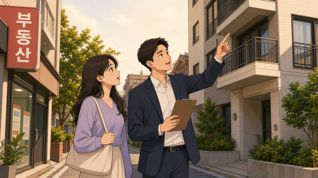 매매 계약서 작성 — 집 보러 가기 장면 그림