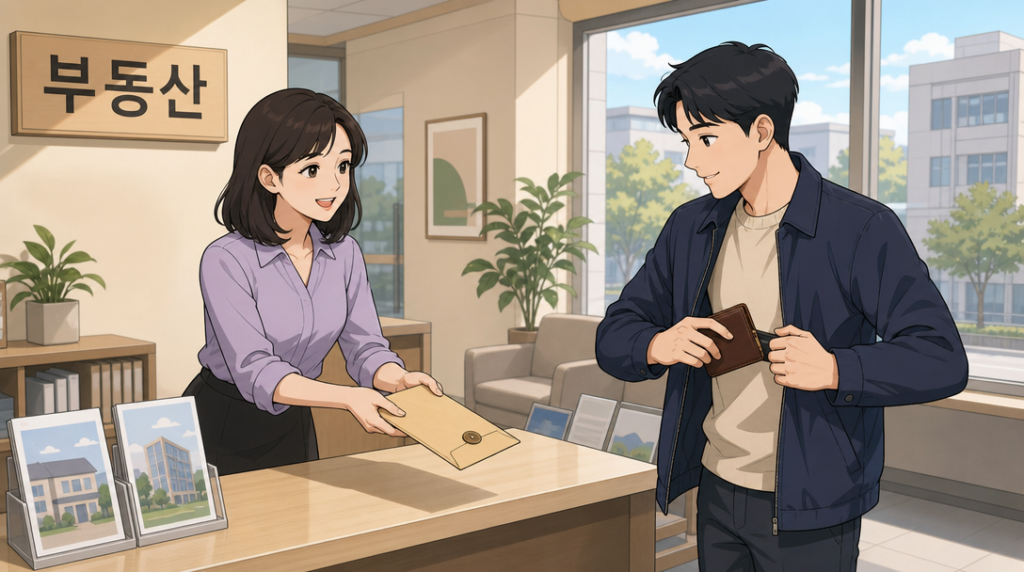 매매 계약서 작성 — 서류 건네받기 장면 그림