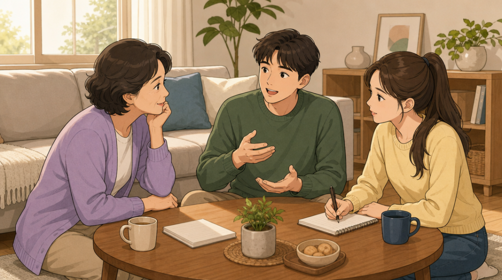 임대사업자 등록 — 가족 상의 장면 그림