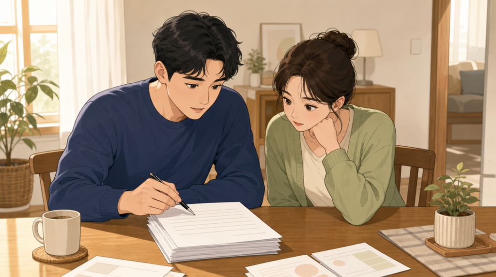 묵시적 갱신 — 서류 확인 장면 그림