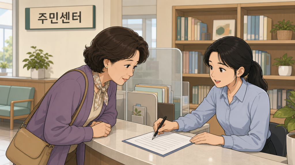 묵시적 갱신 — 창구 상담 장면 그림