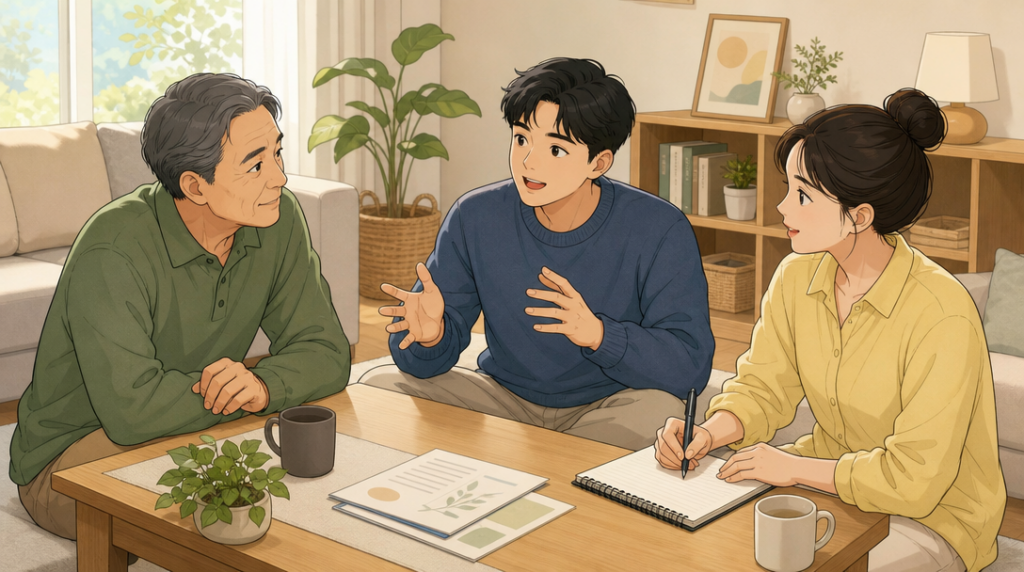 증여세 계산 — 가족 상의 장면 그림
