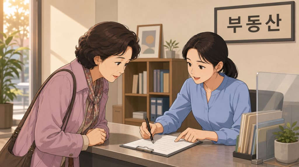 선순위 임차인 확인 — 창구 상담 장면 그림
