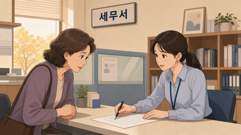 리모델링 재산세 — 창구 상담 장면 그림