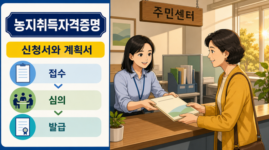 농지취득자격증명 신청 서류를 창구에서 받는 모습