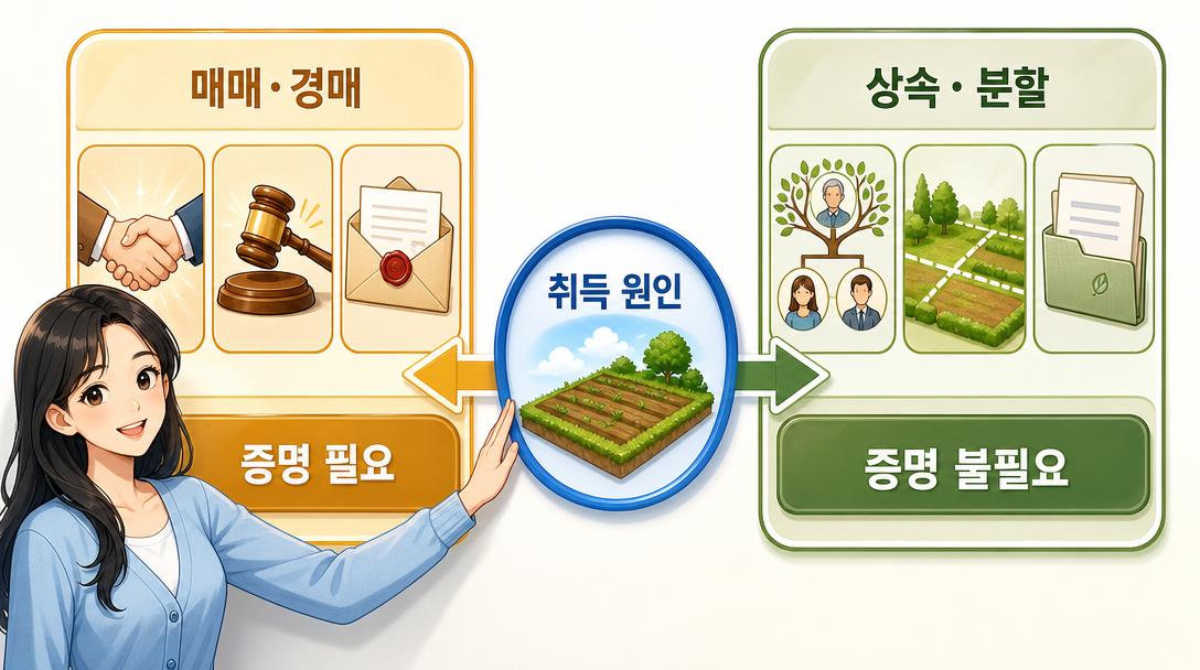 농지취득자격증명 필요 여부가 취득 원인에 따라 갈리는 흐름 그림