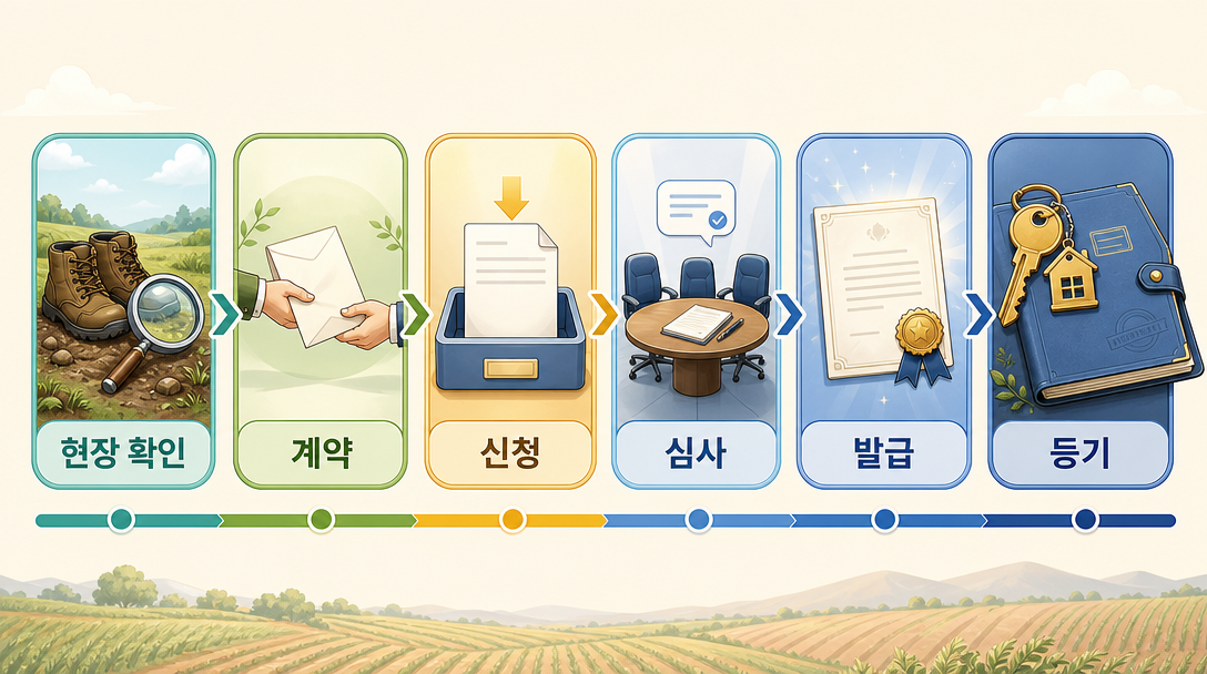 농지취득자격증명 신청부터 등기까지 절차 순서를 나타낸 그림