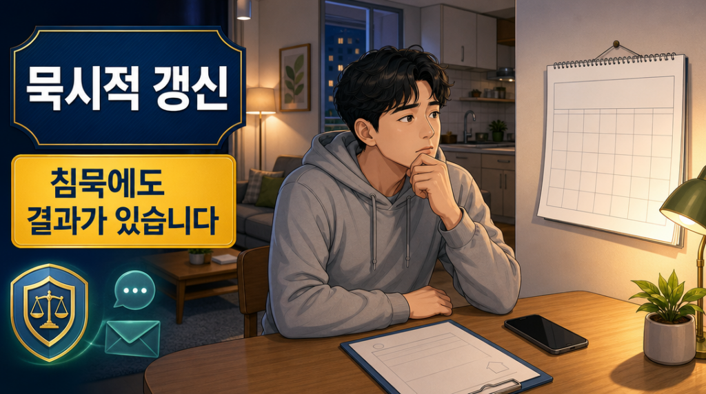 묵시적 갱신은 임대인도 임차인도 아무 말이 없으면 성립해 종전 조건으로 이어집니다