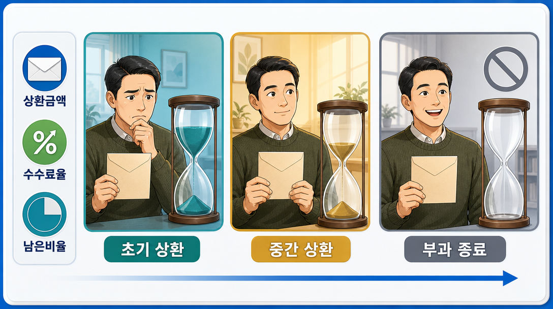 중도상환수수료 계산에서 같은 금액을 갚아도 남은 비율은 시간이 흐를수록 줄어듭니다